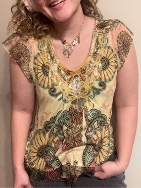 Boho Floral Sequin Scoop Neck Top - Yellow Multi